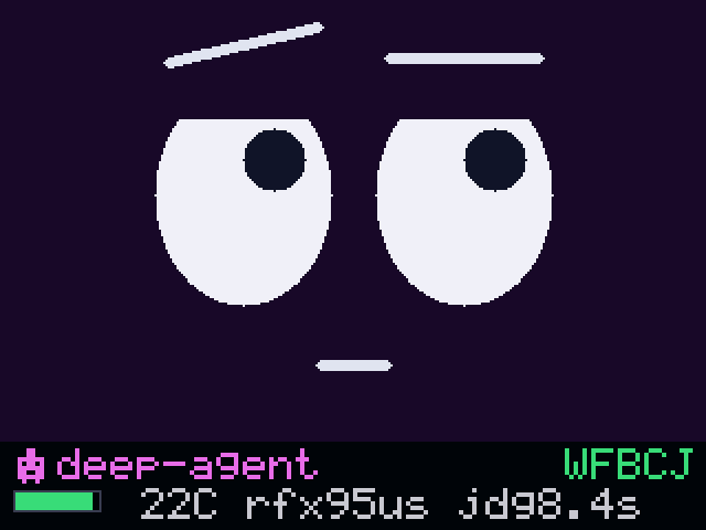 Pip's screen: magenta robot icon and deep-agent caption while judgment runs
