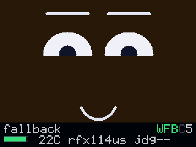 Happy squinting face, status strip with the C glyph dimmed and the mind letter reading 5.