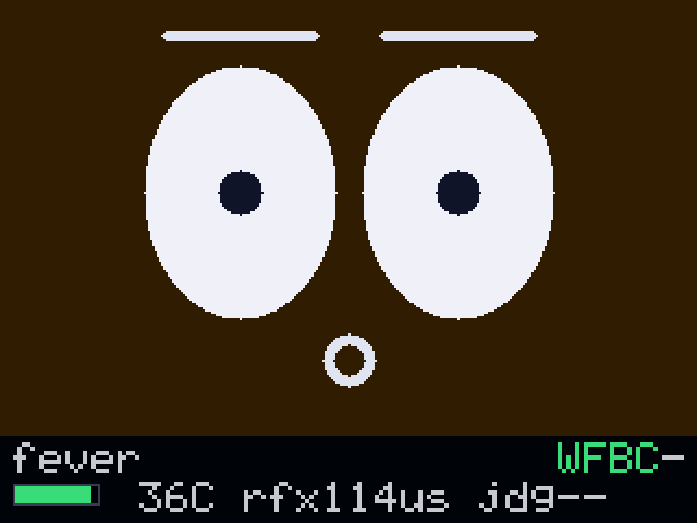 Wide alert eyes and a small round mouth on an amber ground, strip reading 36C and captioned fever.