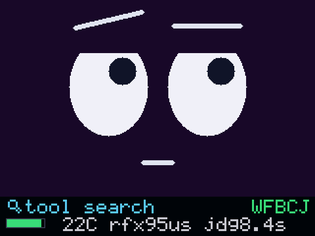 Pip's screen: cyan magnifier icon and tool search caption during a web search