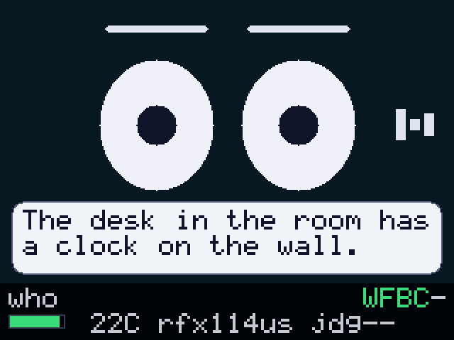 Wide open eyes with a waveform glyph at the right, bubble reading The desk in the room has a clock on the wall.